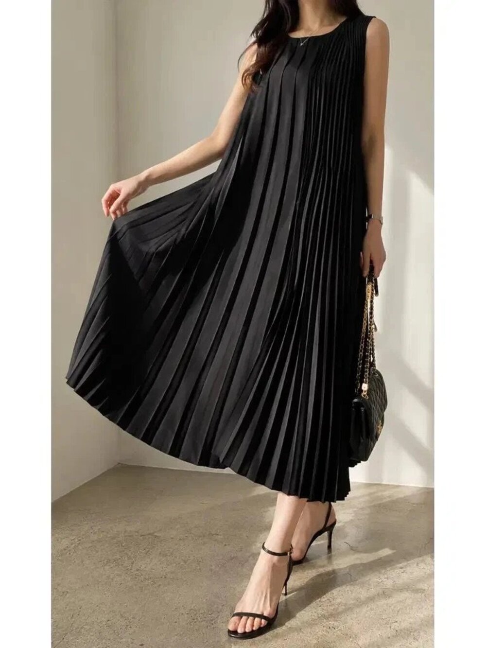 Acne Studios Pleated Sleeveless Black Midi Dress EU 36